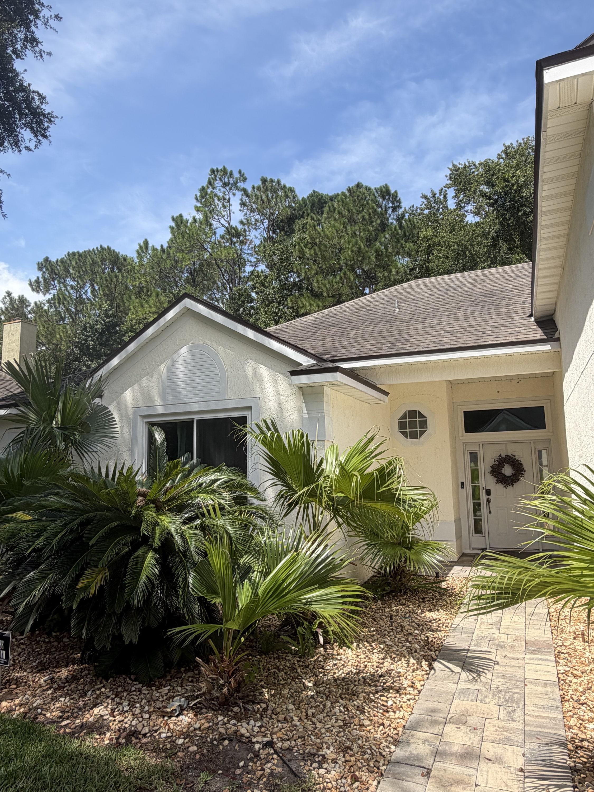 Front garden with palmetto plants, gravel landscaping, and paved driveway approach to cream house.