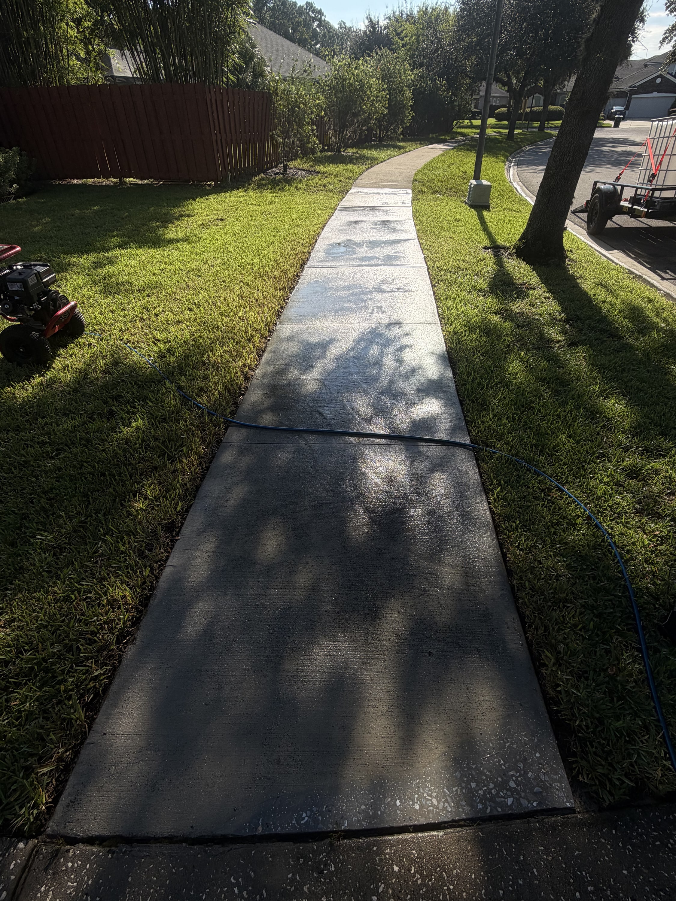 Freshly cleaned concrete garden walkway lined with trees and manicured lawn