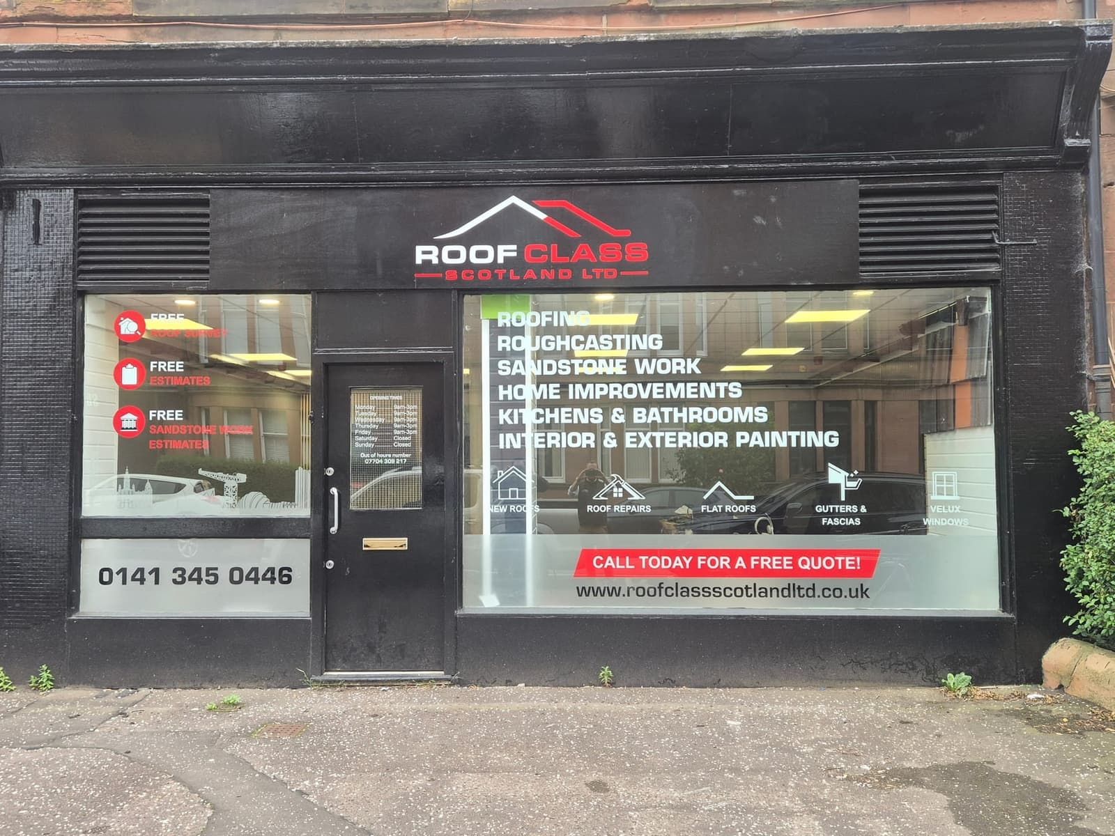 Roof Class Scotland shop front with black fascia, displaying logo, services and phone number